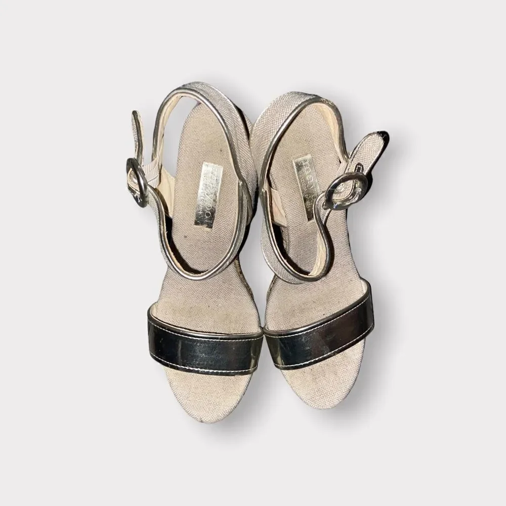 Maypol Gold Leather and Linen Espadrille Wedge Sandals Size 5.5